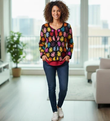 Vintage Joseph A Pompom Cardigan Womens XL Y2K Funky Art Truffula Tree Whimsical - Image 1 of 4