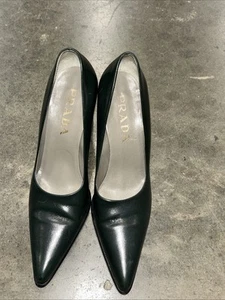 Prada Womens Dark Green Leather Italy Slip On Stiletto Pump Heels Sz 36 Cobbler! - Picture 1 of 11