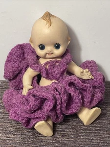 Vintage Campbell Soup Kid Kewpie Style Ceramic Cute Baby Doll 8" Purple Dress - Picture 1 of 10