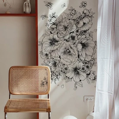 Calcomanías grandes de arte de pared con flores blancas y negras calcomanías de pared florales boho para ser... Foto 1 de 4