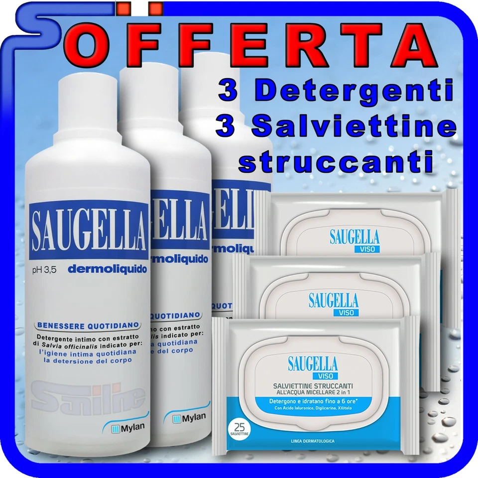 MYLAN SAUGELLA DERMOLIQUIDO PH 3,5 OFFERTA 3x500ML +3 SALVIETTE VISO DETERGENTE INTIMO