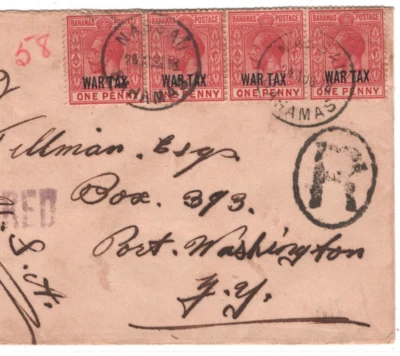 BAHAMAS Cover *WAR TAX* KGV 1d Strip{4} Nassau Reg'd 1918 Port Washington MA2010 - Image 1 of 4
