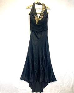 Papell Boutique Evening Dress 100% Silk Ball Gown Size 8 Black Gold Floral Maxi - Picture 1 of 22