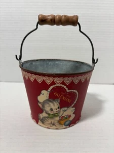Valentine's Metal Bucket w/Handle Primitives by Kathy Vintage Look Kitten 3.75" - Picture 1 of 6