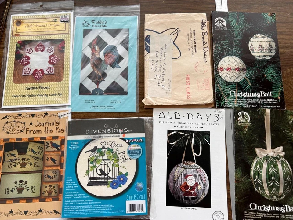 LOT 8 craft patterns quilt applique Xmas balls journal cover vest some vintage - Image 1 of 4