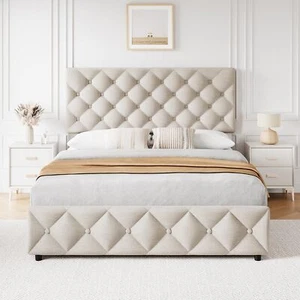 Full Size Bed Frame Headboard Upholstered Platform with 4 Storage Drawers Beige - Picture 1 of 10