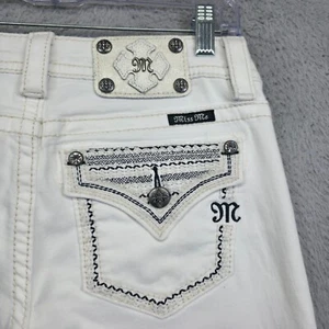 Pantalones de mezclilla Miss Me para mujer 27 blancos firma ajustados tiro bajo dobladillo crudo metálico occidental - Imagen 1 de 21