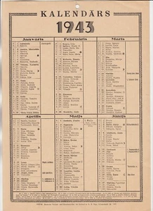 1943 LETTONIA Occupazione tedesca nella seconda guerra mondiale Ostland Kalendars CALENDARIO Grandi dimensioni - Foto 1 di 2