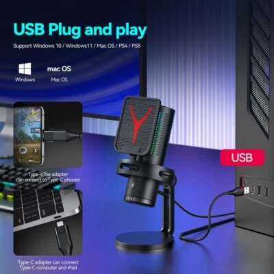 RGB USB Condenser Microphone Kit Tap-to-Mute Podcast Studio Recording Gaming Mic - Image 1 of 4