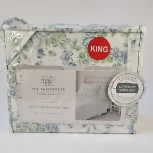 R. Ashwell Farmhouse Shabby Chic KING Sheet Set White Blue Green Floral Cotton - Picture 1 of 10
