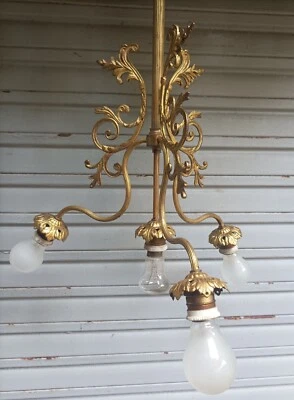 Ancien lustre XIXe S. 4 feux en bronze doré Napoléon III - état de marche - Photo 1/4