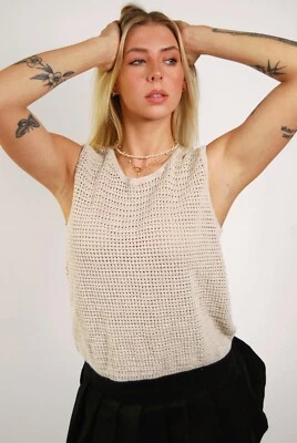 Camiseta sin mangas de punto de lino (XL) vintage años 90 beige hueco minimalista básica indie preppy Foto 1 de 4