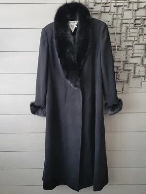 Abrigo largo de lana Marvin Richards ribete de piel de zorro cuello muñecas negro para mujer talla 8 usado en excelente estado Foto 1 de 4