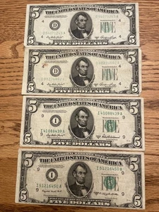 1950 A,B,C - $5 Five Dollar US Bills, Circulated.  There are 2 “A” Notes - Picture 1 of 10