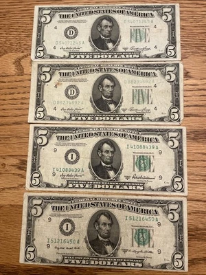 1950 A,B,C - $5 Five Dollar US Bills, Circulated.  There are 2 “A” Notes - Image 1 of 4