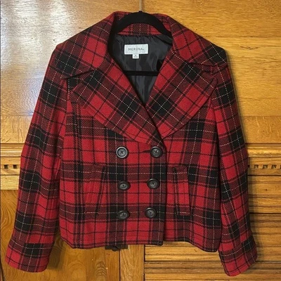 Abrigo para mujer Merona de doble botonadura rojo a cuadros forrado de lana talla mediana Foto 1 de 4