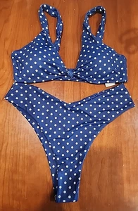 NWOT Blue & White Polka Dot Bikini 2 Piece Women Size L High Leg V-Bottoms 35347 - Picture 1 of 4