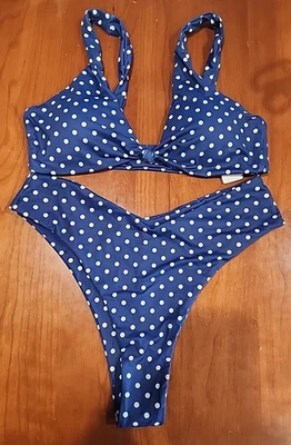 Nuevo sin etiquetas Bikini a lunares azul y blanco 2 piezas para mujer talla L pierna alta pantalones en V 35347 Foto 1 de 4