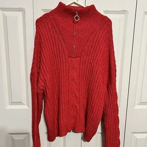 Venus Sweater 2X Heather Red 1/4 Zip Cable Knit Mock Neck. Rhinestone Zip Pull - Picture 1 of 5