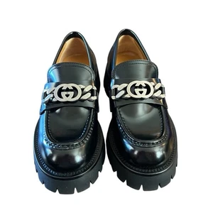 Gucci Jeanne GG Logo Chain Slip On Leather Lug Loafer NEW EU 37.5 US 7.5 - Picture 1 of 15