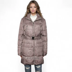 Abrigo largo de invierno gris con capucha de piel acolchada de plumón de pato Tre Uno Tre 313 talla L - Imagen 1 de 13