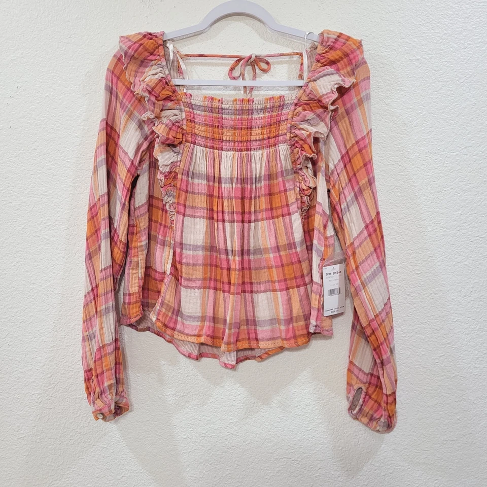 People Siena Plaid Pullover Long Sleeve Ruffle Boho Blouse Top M