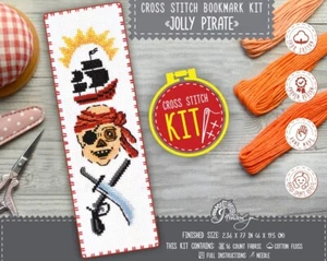 Caribbean Jolly Pirate Bookmark Cross Stitch Kit with Pirate sword Frigate ship - Picture 1 of 9