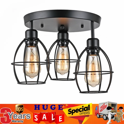 3-Light Ceiling Light Industrial Caged Semi Flush Mount Farmhouse Metal Lamp USA Cover