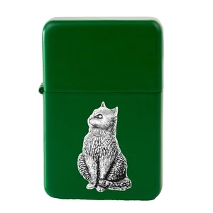 A15 Cat Pewter design on a GREEN flip top petrol lighter windproof - Picture 1 of 1