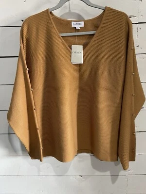 Suéter Carmen Marc Valvo Dolman manga longa amarelo mostarda feminino grande novo com etiquetas - Imagem 1 de 4