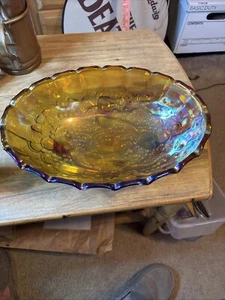 Vintage Oblong Footed Amber Iridescent Carnival Glass Serving Dish Harvest Grape - Picture 1 of 5