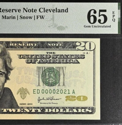 2004 $20 Federal Reserve Note - PMG 65EPQ - Birthday Serial Number 00002021 - Image 1 of 3