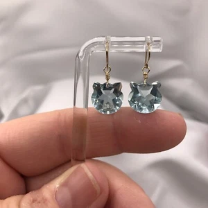 14K Gold Cat Dangle Earrings – Simulated Aquamarine Briolette 11mm Gemstones - Picture 1 of 10