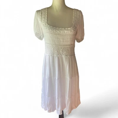 Jessica Simpson White Crochet Puff Sleeve Peasant Boho Cottagecore sun Dress L - Image 1 of 4
