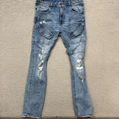 Jeans Akoo Para Hombres 34x33 Azul Calce Ajustado Denim Envejecido Hip Hop Y2K Foto 1 de 4