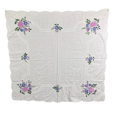 Vintage Embroidered Linen Blend Tablecloth Square Scalloped Edges Cottagecore - Image 1 of 4