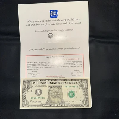 1985 Santa Claus Limited Edition real One Dollar Bill - Uncirculated  - Image 1 of 4