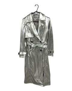New NEVER FULLY DRESSED Women's Silver Vegan Leather Trench Coat M - Picture 1 of 4