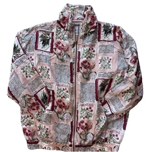 Chaqueta Bomber De Colección 100% Seda Talla L Rosa Botánica Periódico Estampado de Plantas Preppy Cadera - Imagen 1 de 9