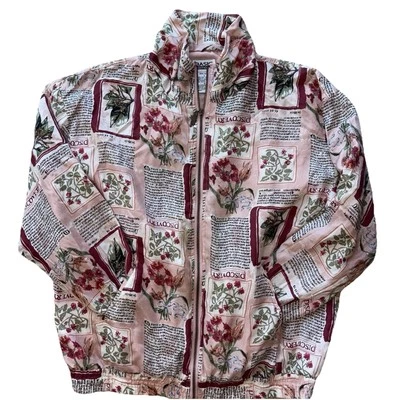 VTG 100% Silk Bomber Jacket Sz L Pink Botanical Newspaper Plant Print Preppy Hip - Image 1 of 4