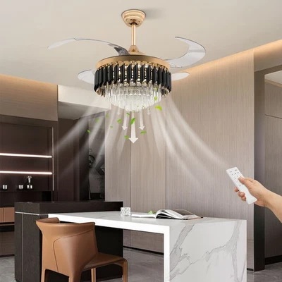 42" Invisible LED Ceiling Fan Light Crystal Chandelier Lamp 3 Color Fandelier 1X - Image 1 of 4