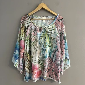 Camiseta Top Chico’s Estampado Floral Mujer Manga Raglán Transparente Tropical Playa XL - Imagen 1 de 13