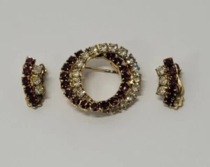 Purple and Clear stones w/gold tone interlocking circles brooch & clip Earrings - Imagen 1 de 3
