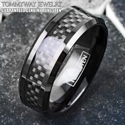 8mm Black Tungsten Carbide Ring Black Carbon Fiber Wedding Band Mens Jewelry - Image 1 of 4