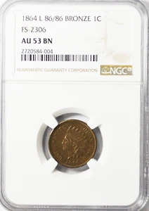 1864 L 86/86 1c Indian Head Penny AU53BN FS-2306 180 Rotated Dies 180 Mint Error - Picture 1 of 2
