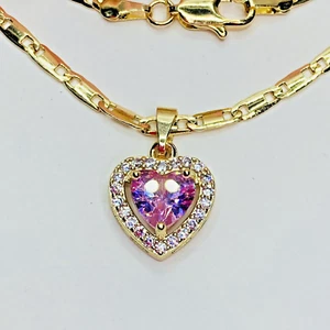 14k Gold Plated Heart Pink Cz Necklace Corazon Pendant & Chain 20 in #266 - Picture 1 of 6