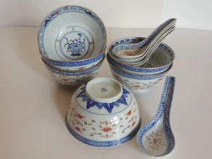 set 6 Vintage Chinese Rice Translucent Eyes Rice Bowl W/ Spoon Blue white Gold - Picture 1 of 12
