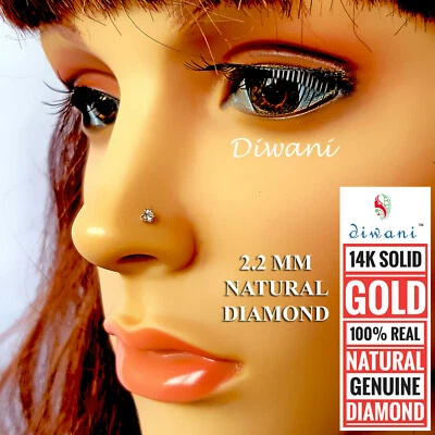 Anillo perno prisionero de nariz labret labio solitario diamante VVS real de 2,2 mm 14 k G Foto 1 de 4