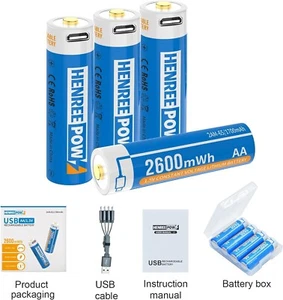 Henreepow 4xAA Battery Rechargeable Type-C Lithium-Ion Li-Ion 1.5v 2600mWh USB