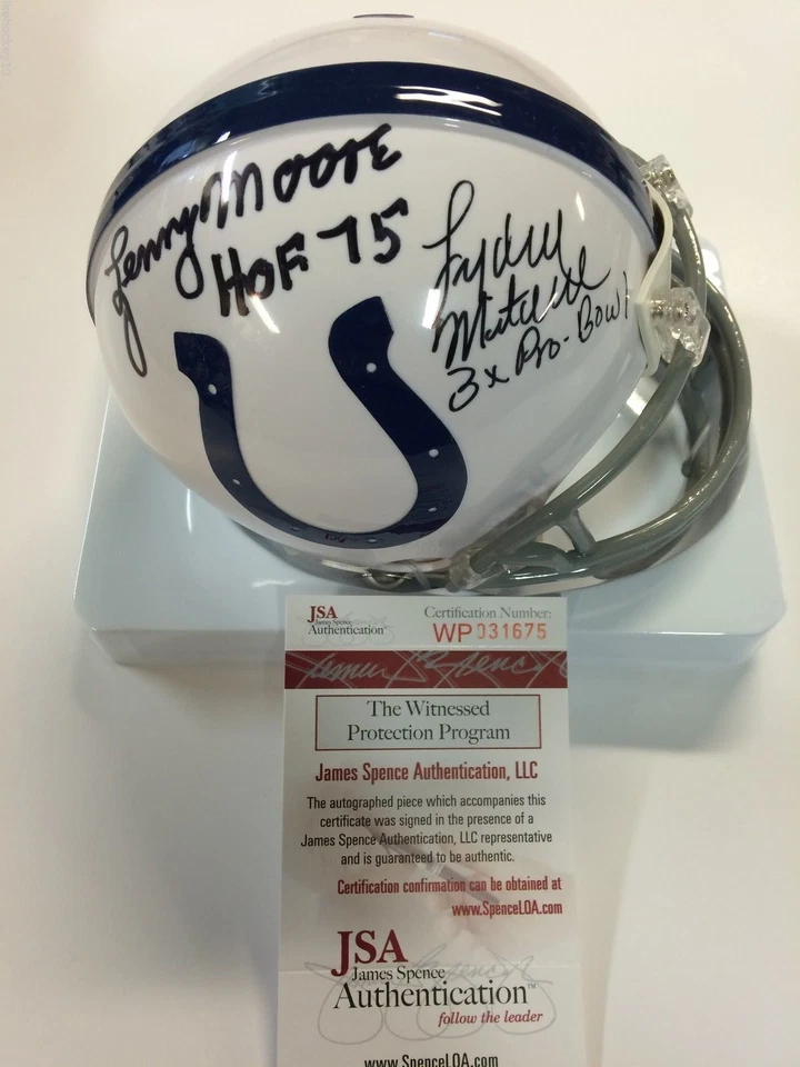 LENNY MOORE/LYDELL MITCHELL SIGNED INSCRIBED BALTIMORE COLTS MINI HELMET JSA COA - Image 1 of 1